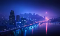 this is a night time view of a city by the water
