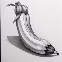 a drawing of an upside down banana with an onion on top,a drawing of a banana with two pieces cut out,a banana sits on top of a piece of cloth,a drawing of bananas and garlic sitting on a table,a banana with its top on top of it