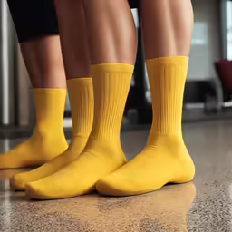 yellow socks are worn in front of a pair of feet
