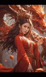 a woman dressed in red holding an orange dragon