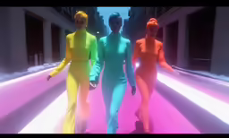 three different colored people walking down a city street