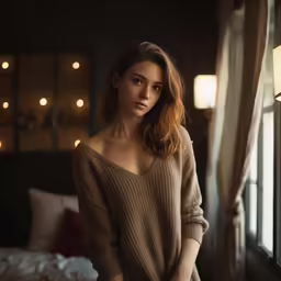 a woman in sweater leaning against the window