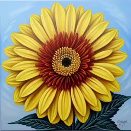 a painting of a yellow sunflower that is facing the viewer,a painting of a large sunflower on a blue background