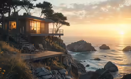 a sunset that has light in the building next to the water