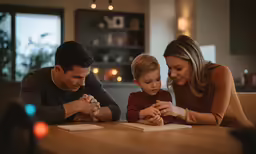 two adults and a child sitting at a table