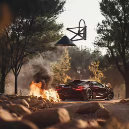 two cars are parked in the dirt with fire coming out