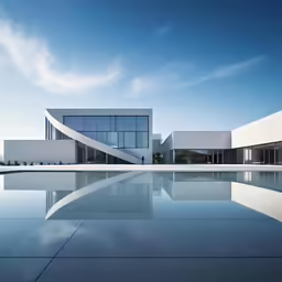 a glass swimming pool with two large white buildings