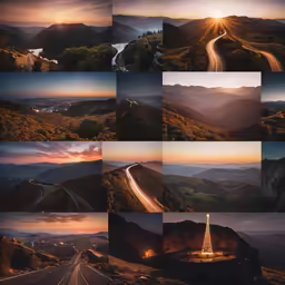 an assortment of mountains, roads and hills with a sunset