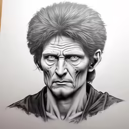 a drawing of the face of a man with long hair