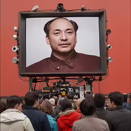 a large screen displaying the portrait of mao hun - ju in front of a crowd of people