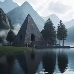 the triangle - shaped building stands next to a mountain lake