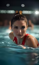 a woman is in a pool while posing for the camera