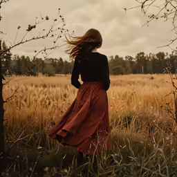the woman is walking in the tall grass alone