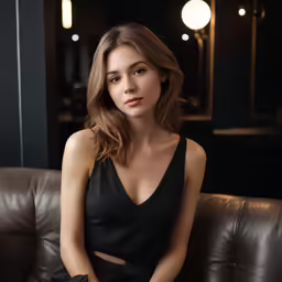 the woman is sitting on a leather couch