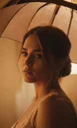 a woman stands beneath a brown umbrella and stares forward