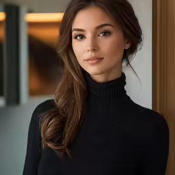 a woman standing next to a wall and looking into the camera