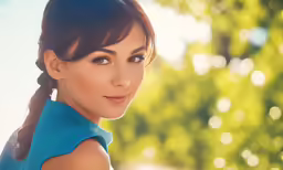 a woman with a ponytail looks into the distance