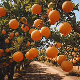 a trail running between rows of oranges on trees