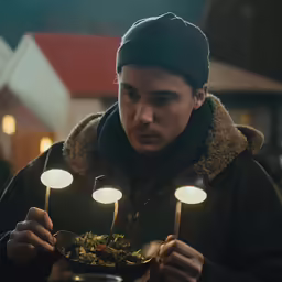 a man holding a plate and lit candles