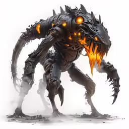 a futuristic alien creature with bright yellow eyes and horns