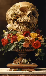 a flower arrangement is in the middle of a vase with a skull in it
