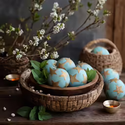 blue and gold decorated eggs on a bowl with a vase full of flowers