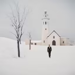 a man is walking through the snow near a white church