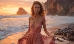 the woman is posing on the beach with a pink dress