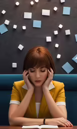 a woman at a desk with her head down