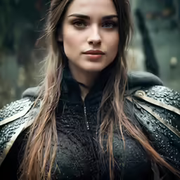 a woman in armor with big eyes and long hair