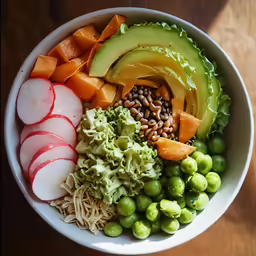 a bowl of food that includes peas, broccoli, carrots, cucumber, lettuce and beans