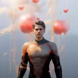 a man wearing a space suit and a red balloon hanging from the ceiling