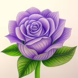 a drawing of a purple rose with green leaves,the purple rose is drawn by hand and colored,drawing of a flower in pastel on white paper,a drawing of a purple rose with green leaves,a drawing of a purple rose with green leaves