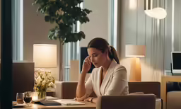 the woman is sitting in front of her laptop computer and having a good time