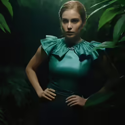 a young woman in green poses with her arms on her hips
