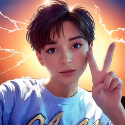 an anime character is posing with a peace sign