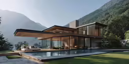 this luxurious house has a pool and lounge chairs