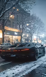 the dark car is parked on the street in the snow