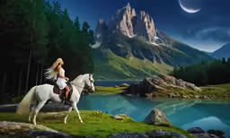 the beautiful woman is riding her horse by the mountain lake