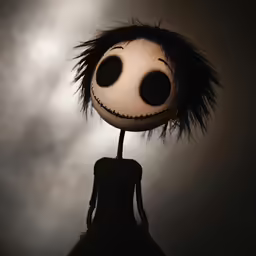 a toy with big eyes, short hair, and a doll with a strange expression in front of an gloomy sky