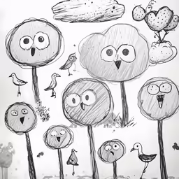 a drawing of cartoon birds on a bunch of different plants