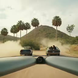 there are three cars riding down the street