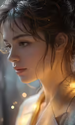 a woman looking off into the distance with sparkle around her