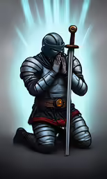 an artwork painting of a knight kneeling while holding a sword