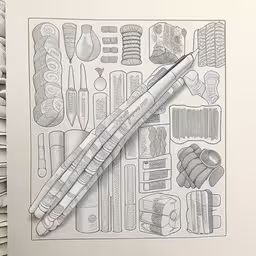a drawing of different types of sewing tools,a pencil drawing of food related items on paper
