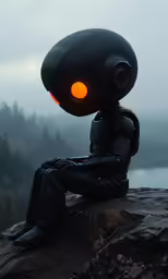 a robot sitting on top of a rock next to water