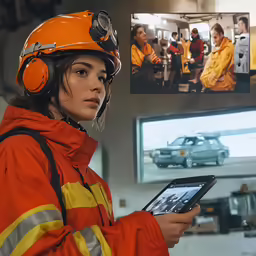 a woman in a hard hat is holding a tablet computer