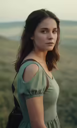 the beautiful woman in the green dress is posing