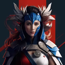 the character, a female fighter in a blue armor with red and white accents