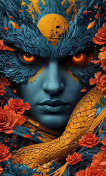 the woman with blue eyes is surrounded by orange flowers